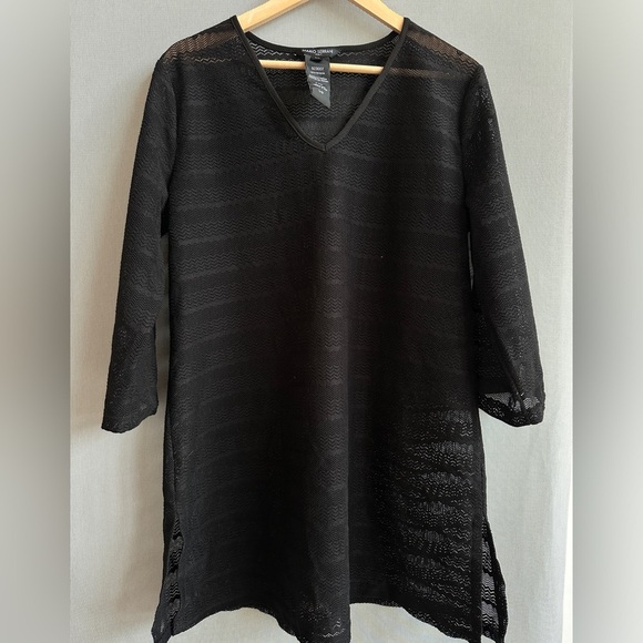 Mario Serrani Black Open-Knit Beach Cover-Up Dress – V-Neck 3/4 Sleeve – Size L - Picture 1 of 5